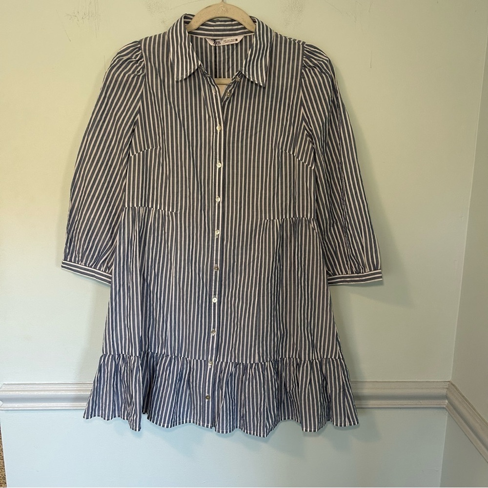 NWT Zara Blue & White Stripe Button Up Long Sleeve Poplin Mini Dress Size Small